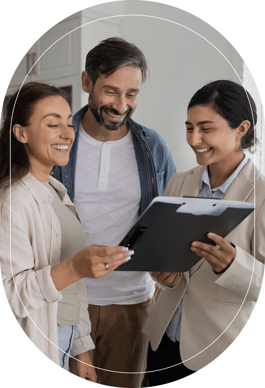People discussing over a clipboard